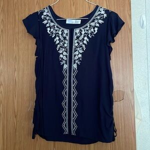 Dark Blue & White Embroidered Women's Top 4-6